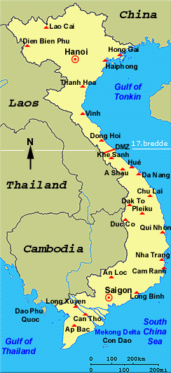      Nord- og Sydvietnam er delt ved den 17. breddegrad.       DMZ st&aring;r for Demilitariseret Zone      